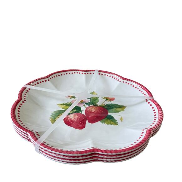 Summer Strawberry Melamine Dinner Plates 11in Set of 4 Scalloped Edge NEW - Picture 5 of 12